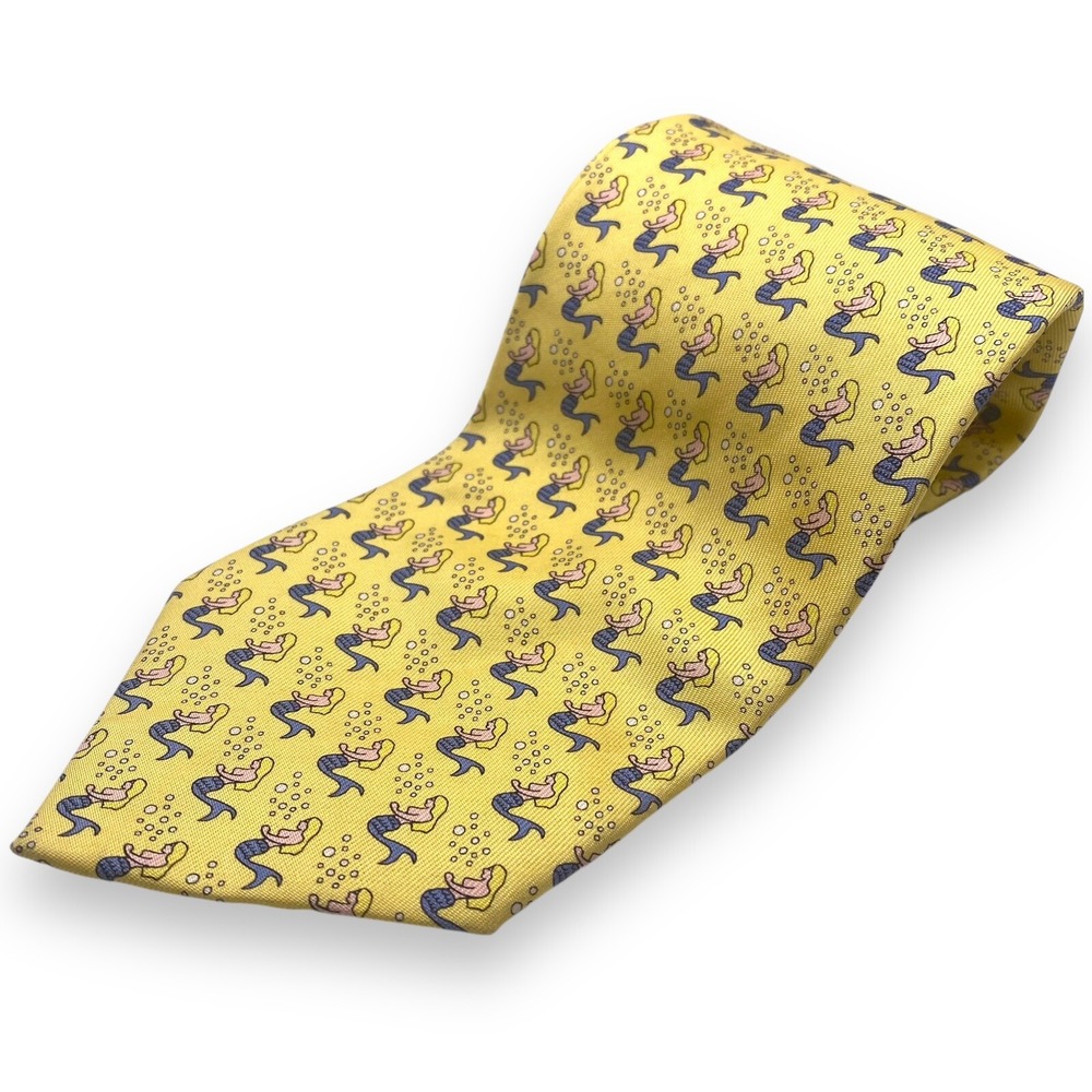 Vineyard Vines Tie Mens L 59" W 4" Yellow Mermaid Nautical Silk Hand Made USA